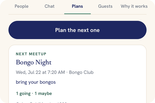 The plans tab showing the next meetup with who is going