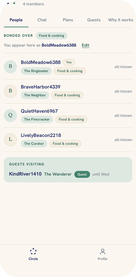 The NexSpark Friends app showing a Circle of four members and a guest visiting