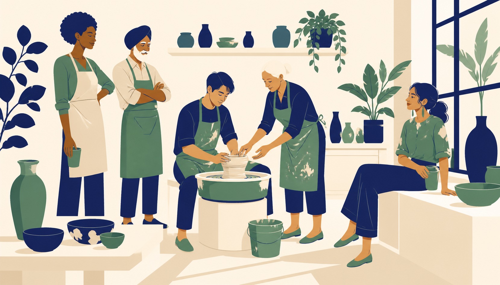 A small group of adults gathered around a pottery wheel in a studio, one person mid-lesson while the others watch and wait their turn