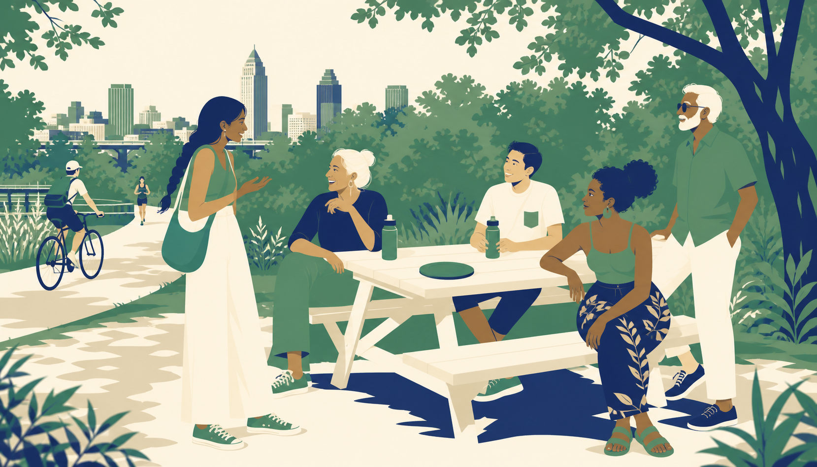 Five friends of different ages sitting around a picnic table in an Atlanta park, mid-conversation