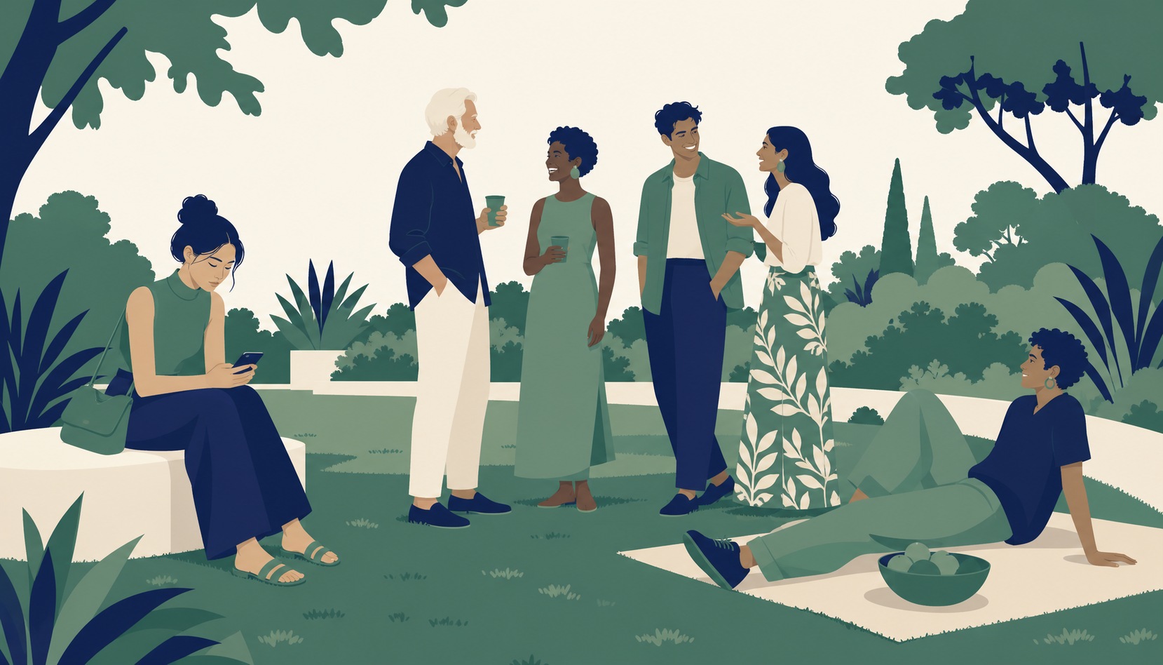 A small group of friends gathered outdoors in a garden, one sitting apart looking down at her phone with a slightly worried expression while the others talk and laugh together, unaware