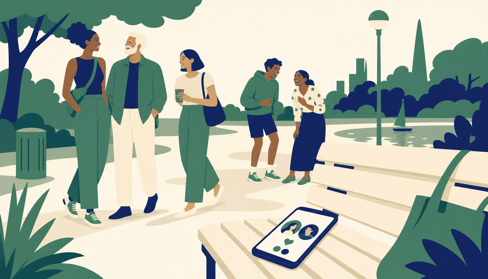 A phone showing a friend-matching app on a café table, next to a small group photo