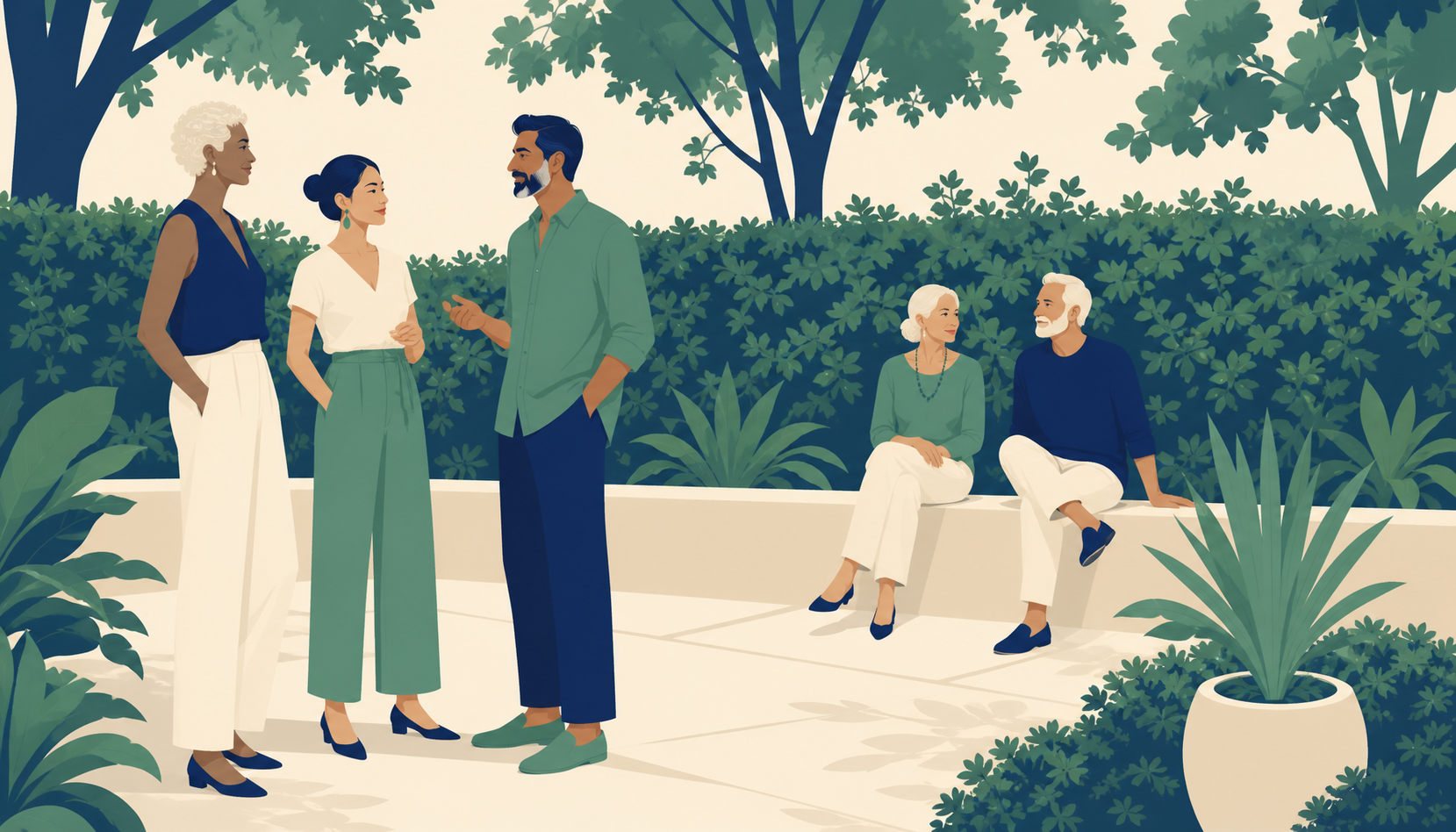 An older couple sitting together on a low garden wall while three friends stand talking nearby in the same courtyard