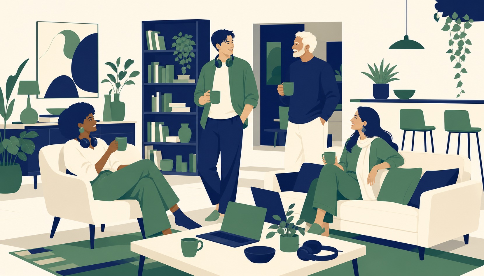 Four adults of different ages relax in a living room with laptops, headsets and mugs, laughing together at an in-person meetup
