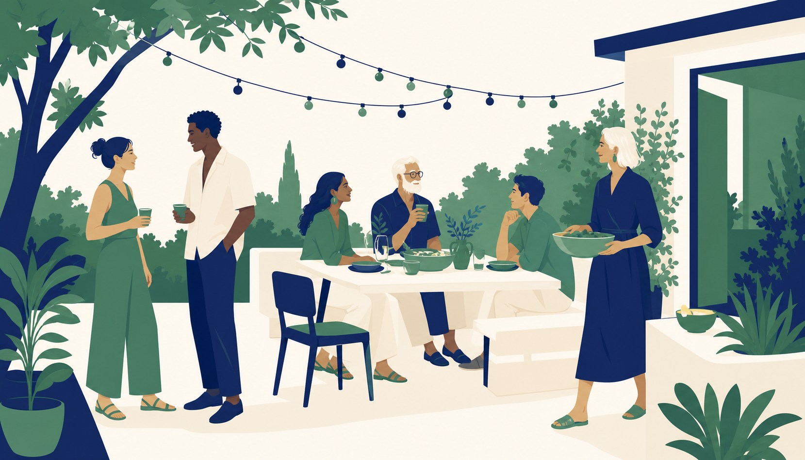 A small mixed-age group of friends gathered around an outdoor dinner table in early evening string lights, an older man mid-conversation with the group