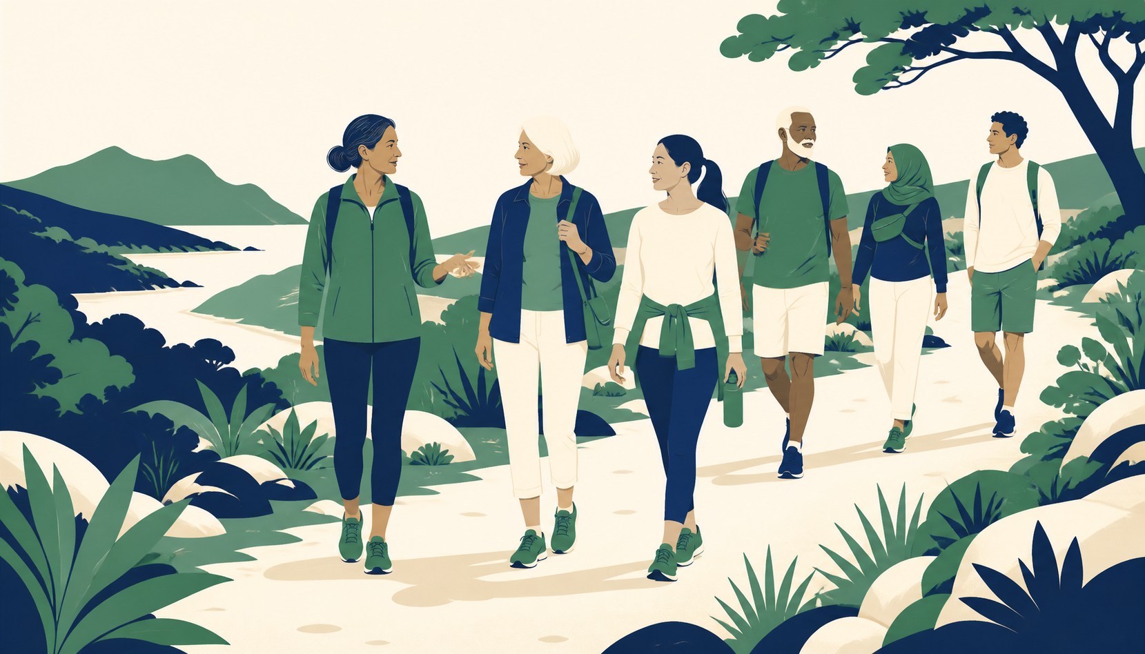 A woman in her fifties walking an easy coastal trail mid-conversation with a small group of friends of different ages