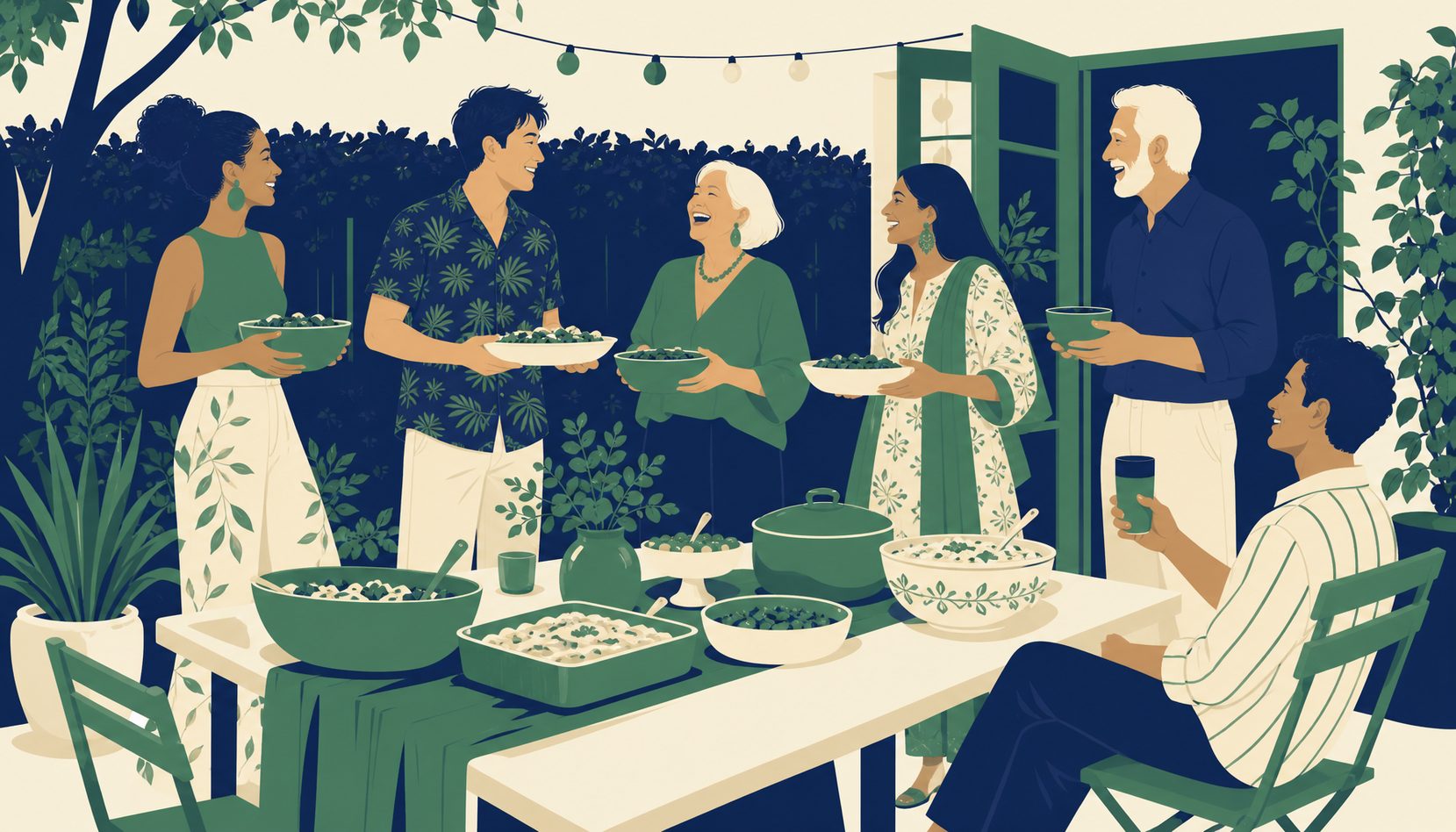 A multicultural, mixed-generation group of friends sharing a homemade potluck dinner at a long outdoor table, each holding a dish they brought