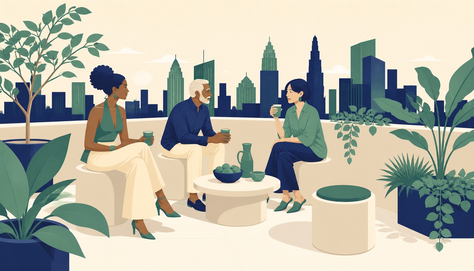 A small circle of three friends spanning different generations, sharing drinks together on a rooftop at dusk with a city skyline behind them