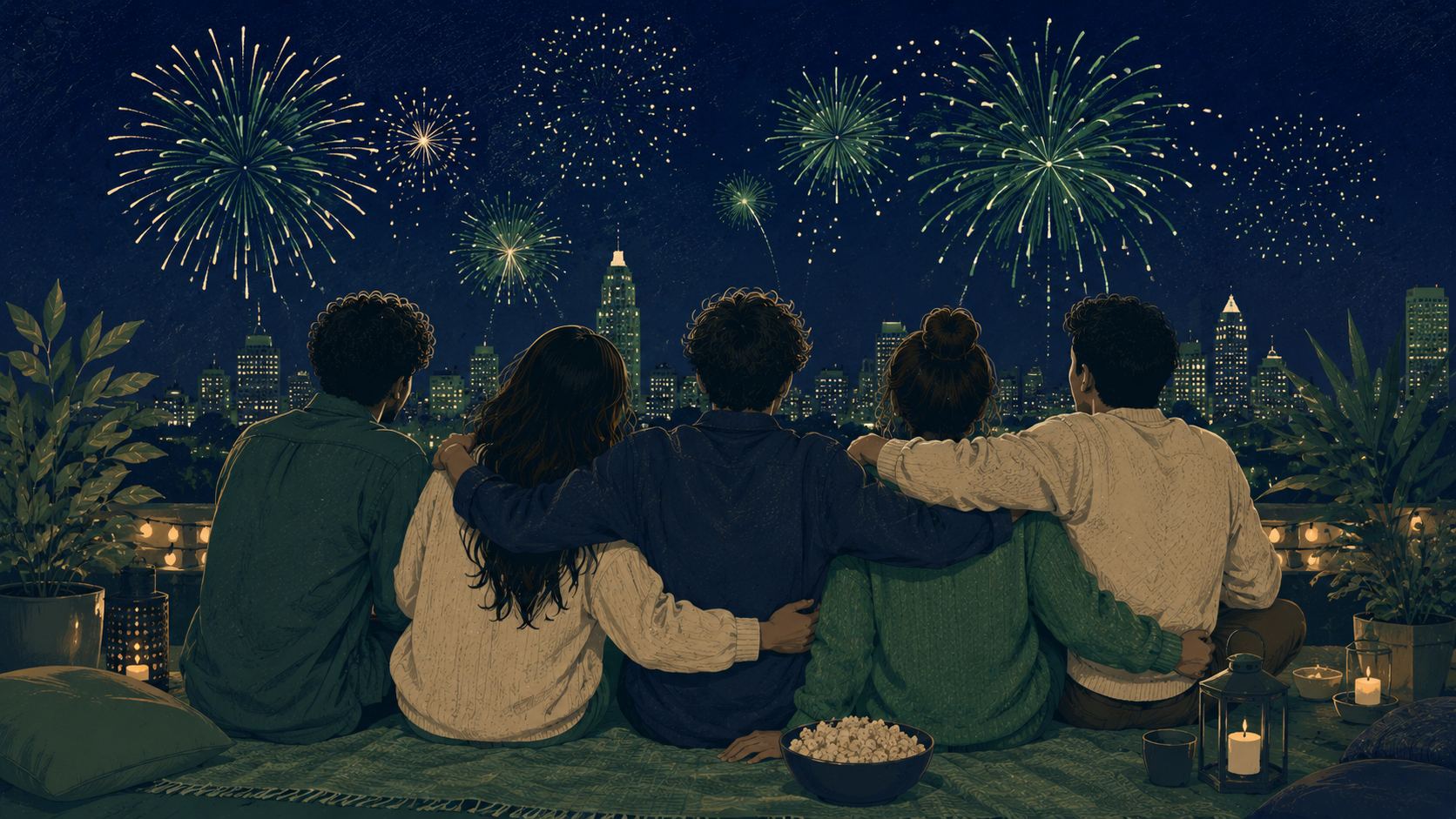 Five friends arm-in-arm on a rooftop watching fireworks over the Atlanta skyline