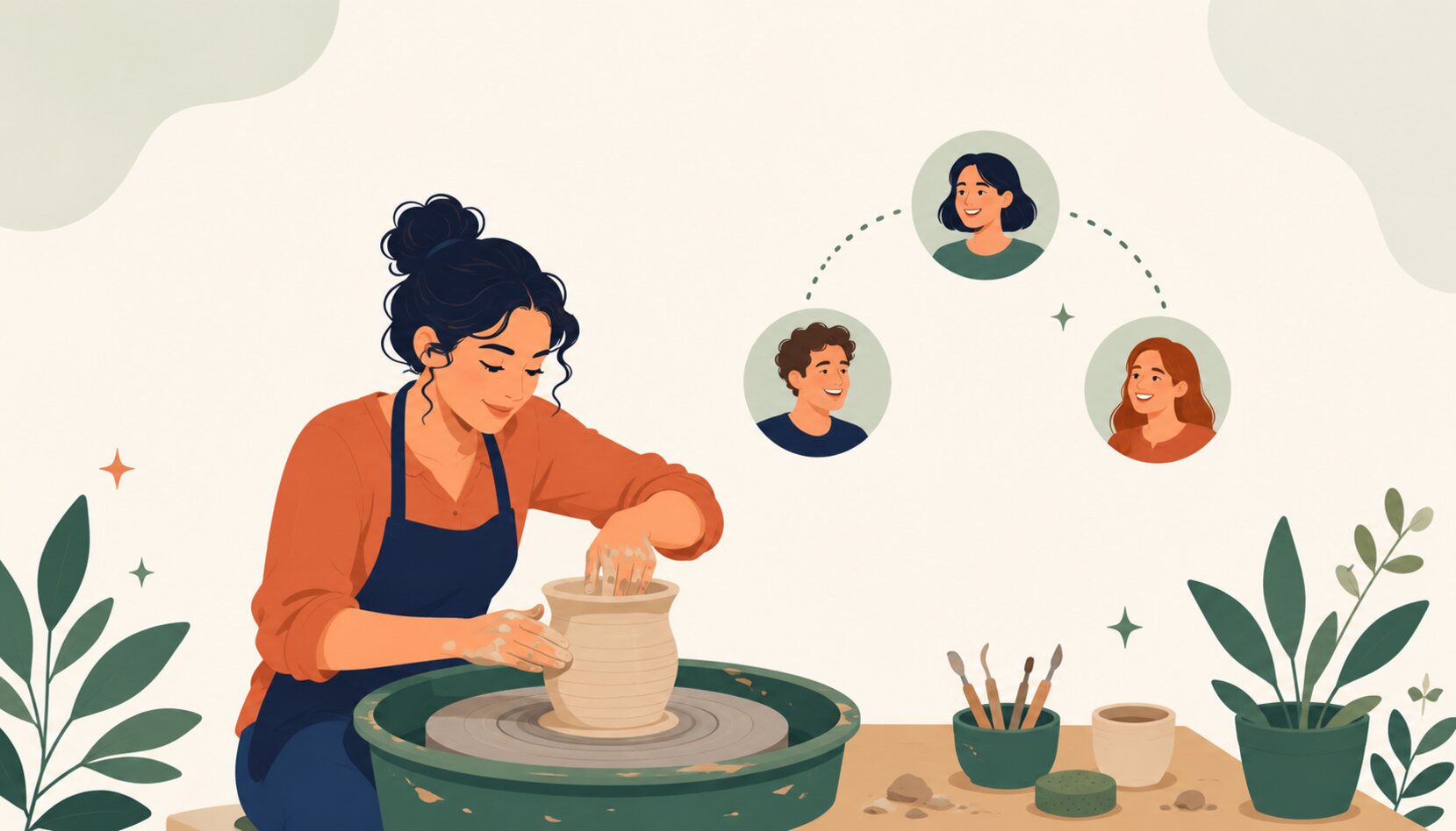 A small group of friends working through a hands-on pottery class together, choosing effort over ease
