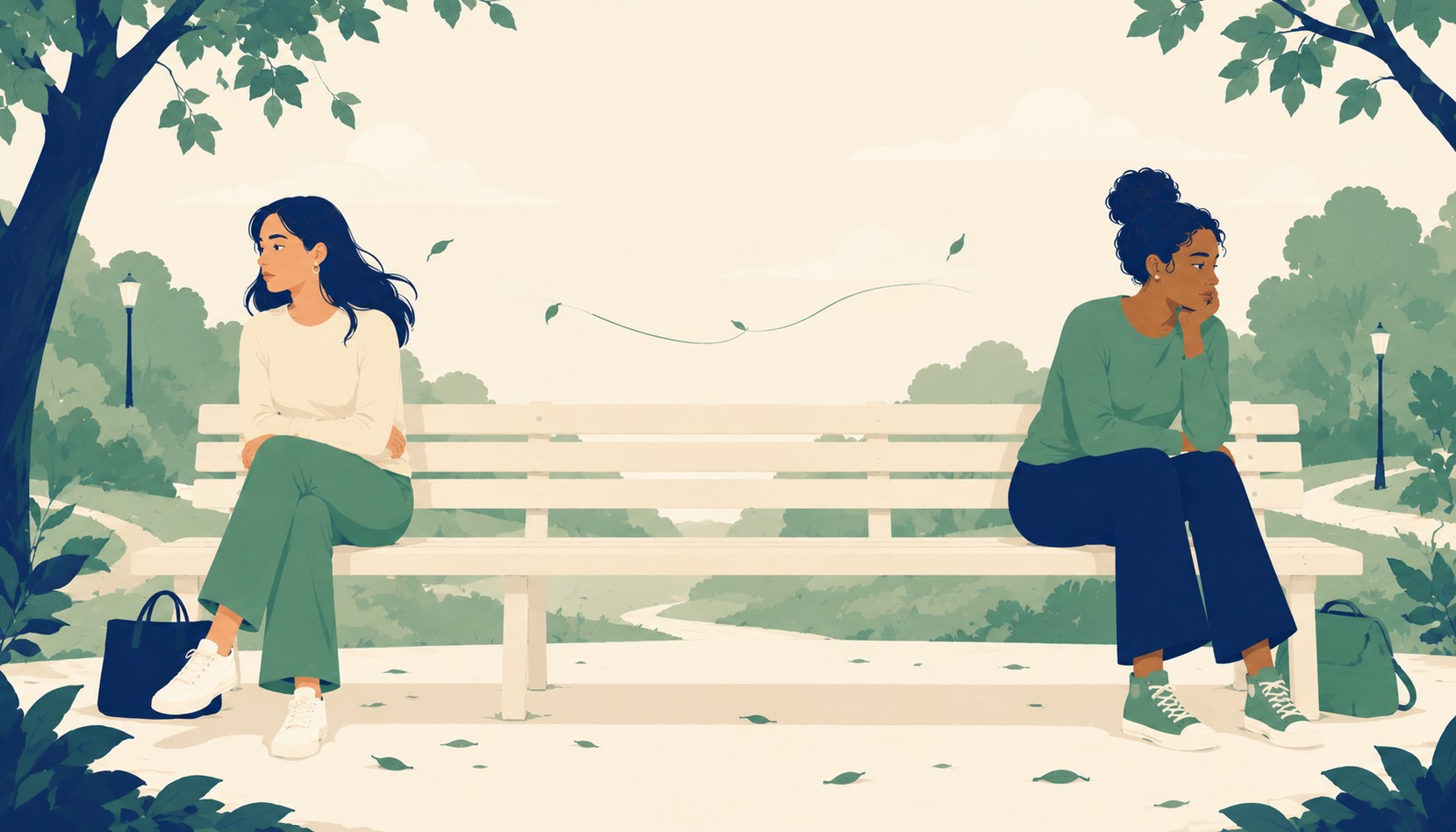 Two friends at opposite ends of a bench with a quiet gap between them