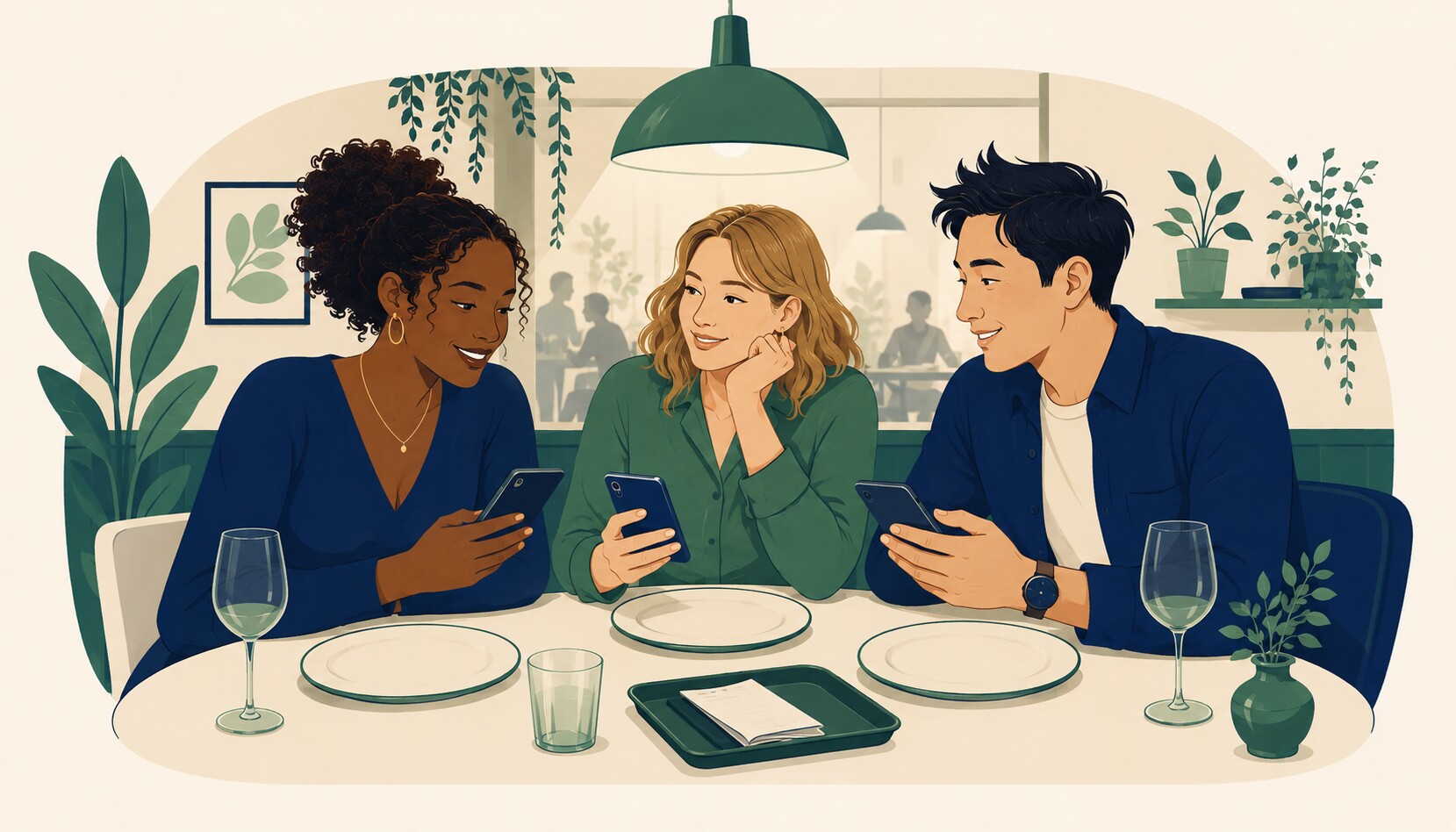 Friends splitting a bill at the end of a meal out