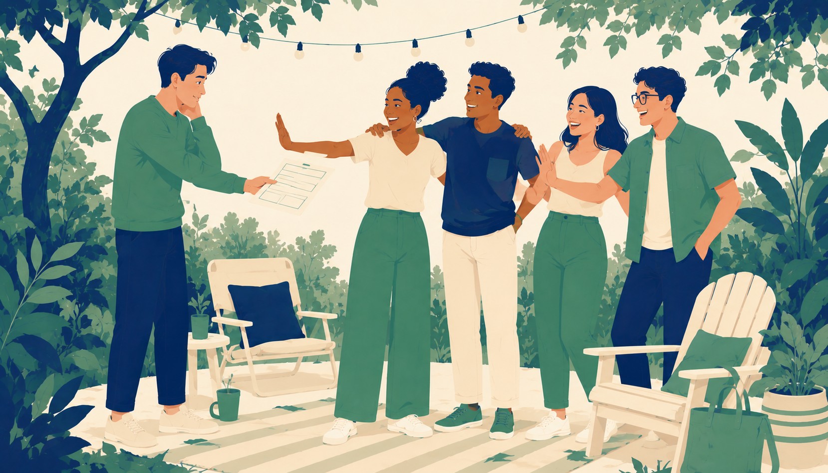 A newcomer holding a blank application form while a group waves it off and pulls them in