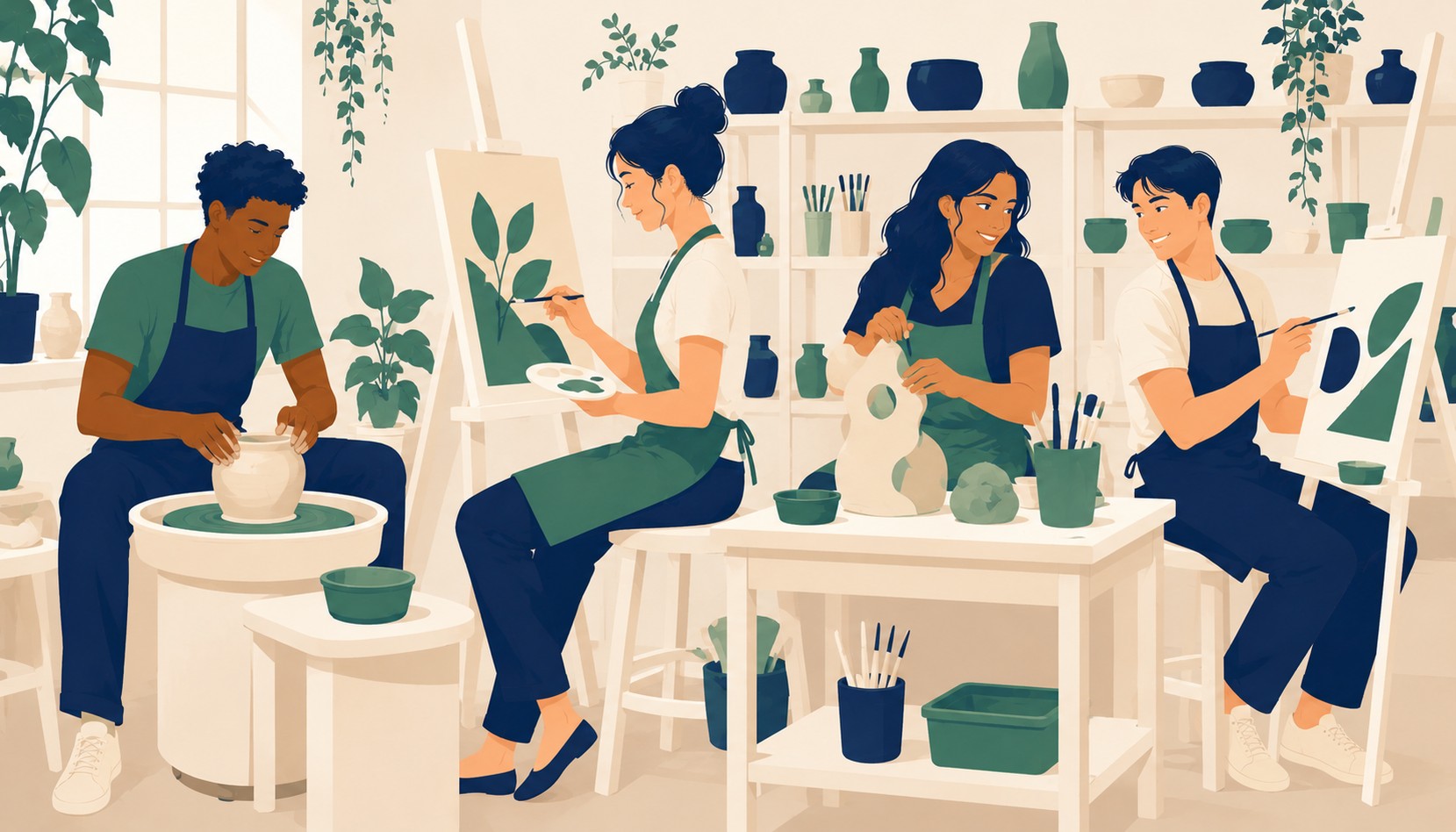 Four friends of different energies gathered around a cafe table