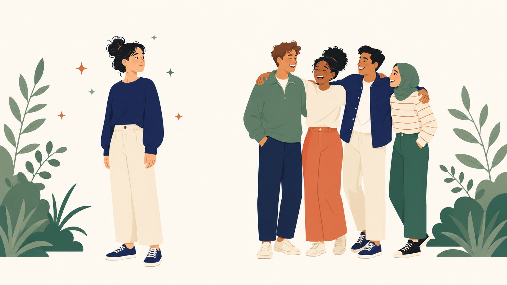 A person standing apart from a warm, tightly gathered group of friends nearby