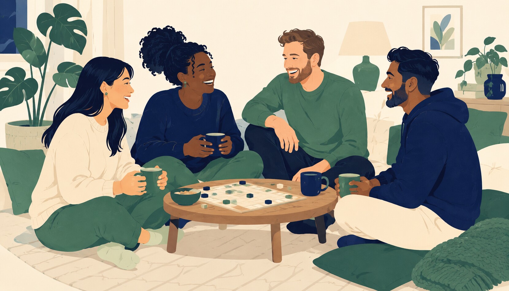 Four friends sitting on the floor around a low table with mugs and a board game