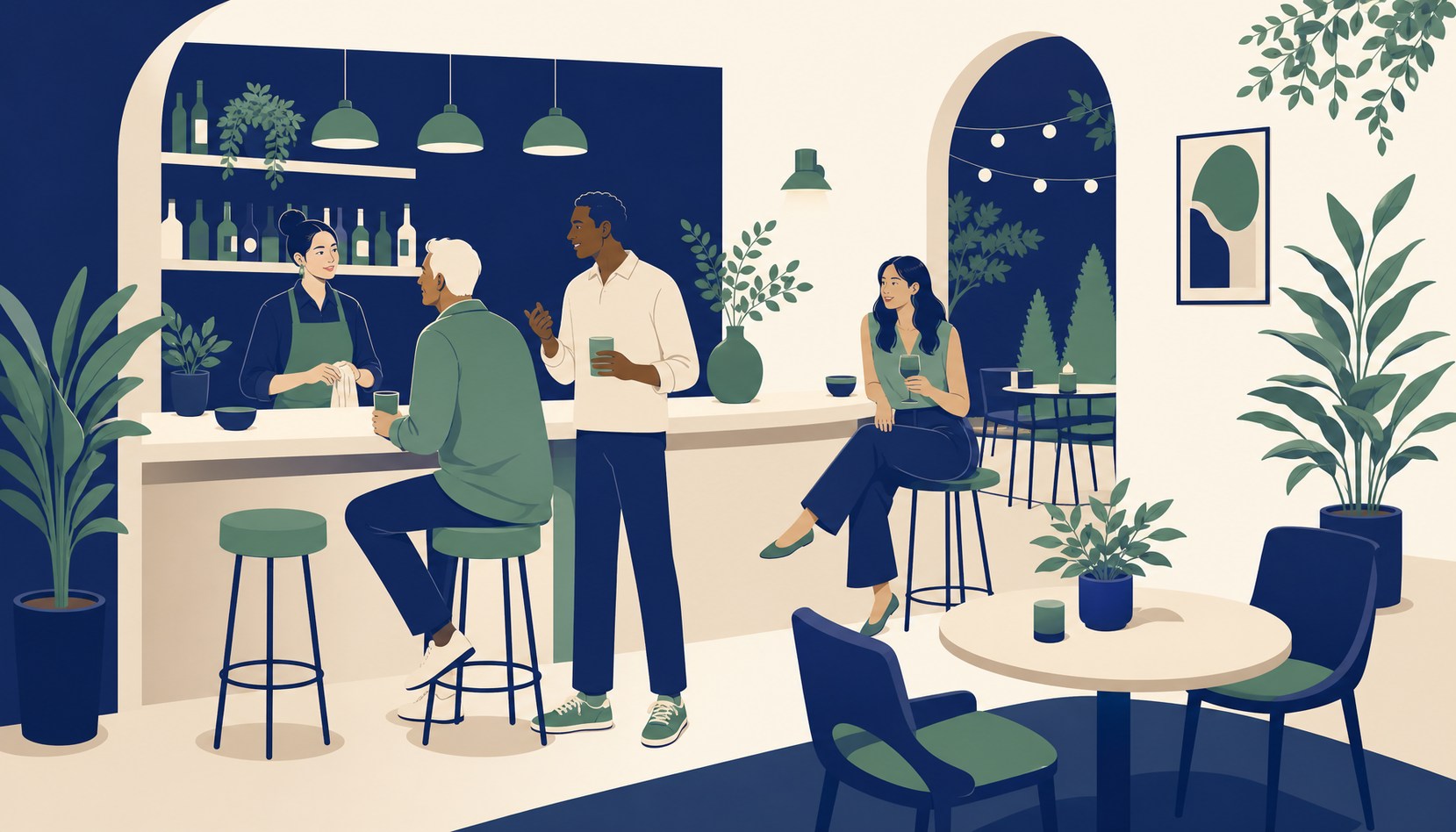 A bartender talks with a regular while a person sits alone at the corner of a warm neighborhood bar counter with a drink and a small smile