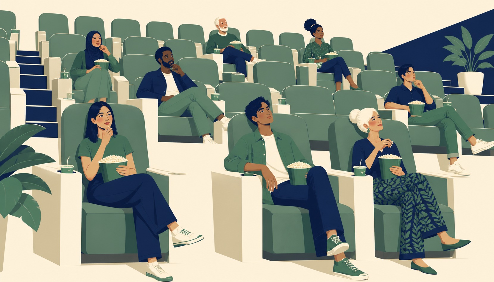 Several moviegoers of different generations sitting apart in their own separate theater seats, each absorbed in their own bowl of popcorn and the screen, nobody speaking to anyone else