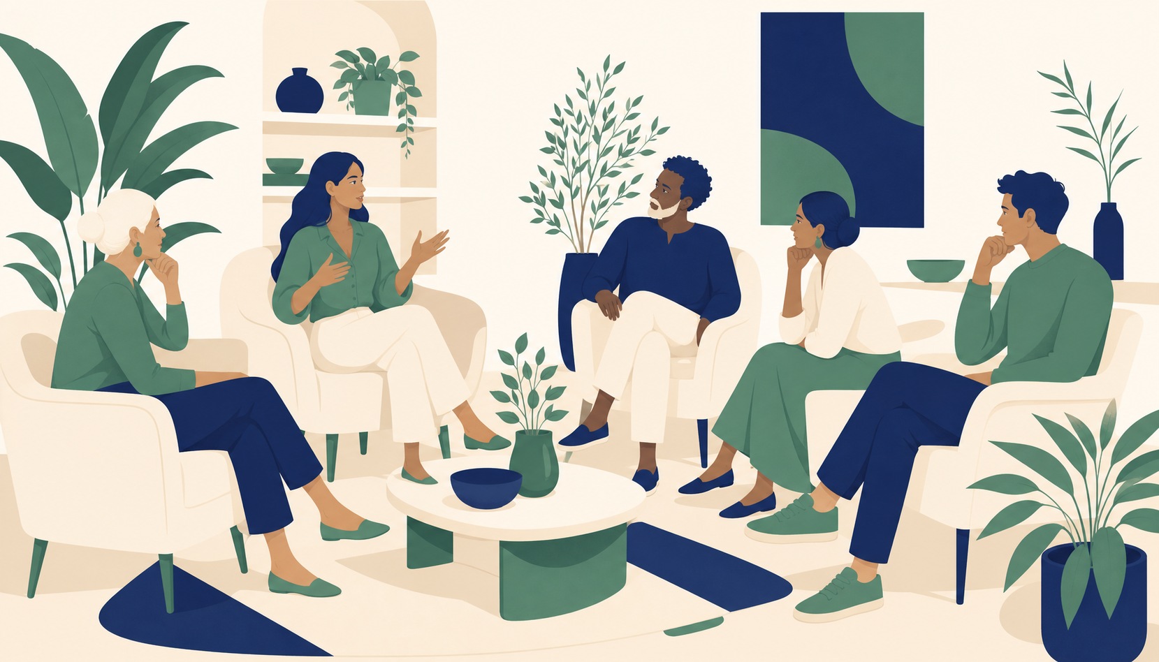 Five friends of different ages and backgrounds sitting in a loose circle of armchairs in a sunlit living room, leaning in and listening closely to one friend mid-sentence with her hands gesturing