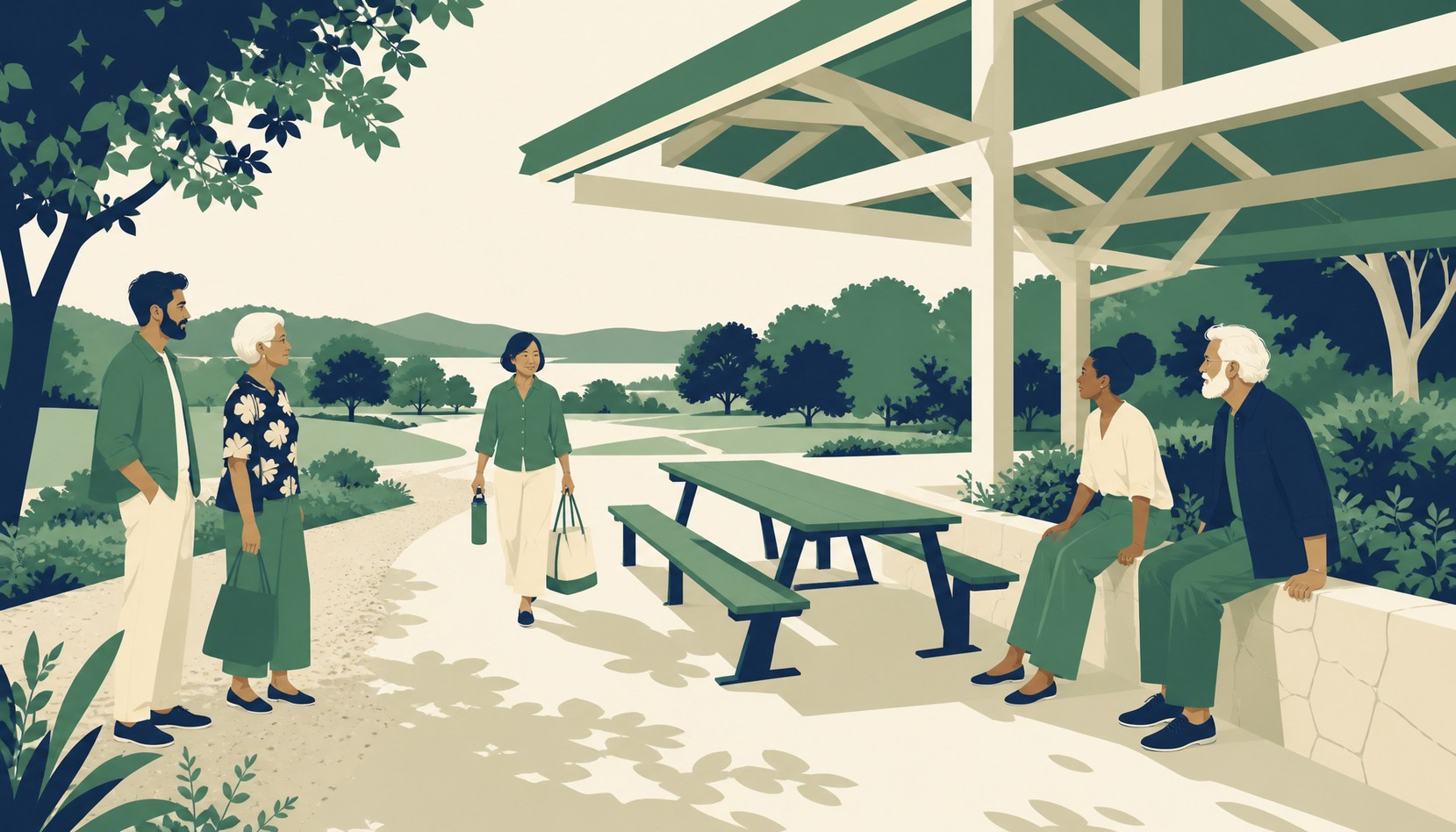 Two friends stand on a gravel path and two others sit on a stone wall on either side of an empty picnic table in a park pavilion while a fifth friend walks toward it with a thermos and a tote bag