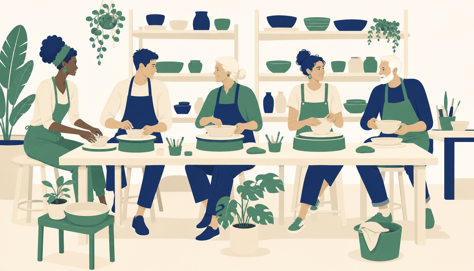 Five friends of different generations sitting side by side at a long worktable in a community pottery studio, shaping clay bowls and talking