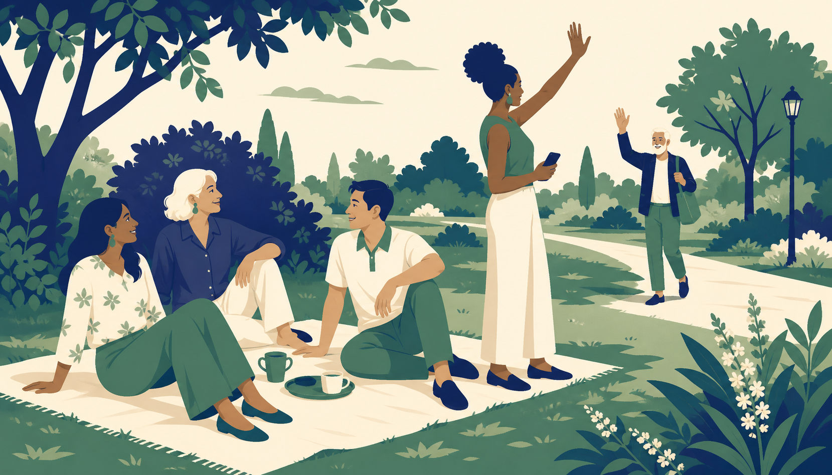 Four friends sitting on a blanket in a park while one stands and waves in a fifth person arriving along the path