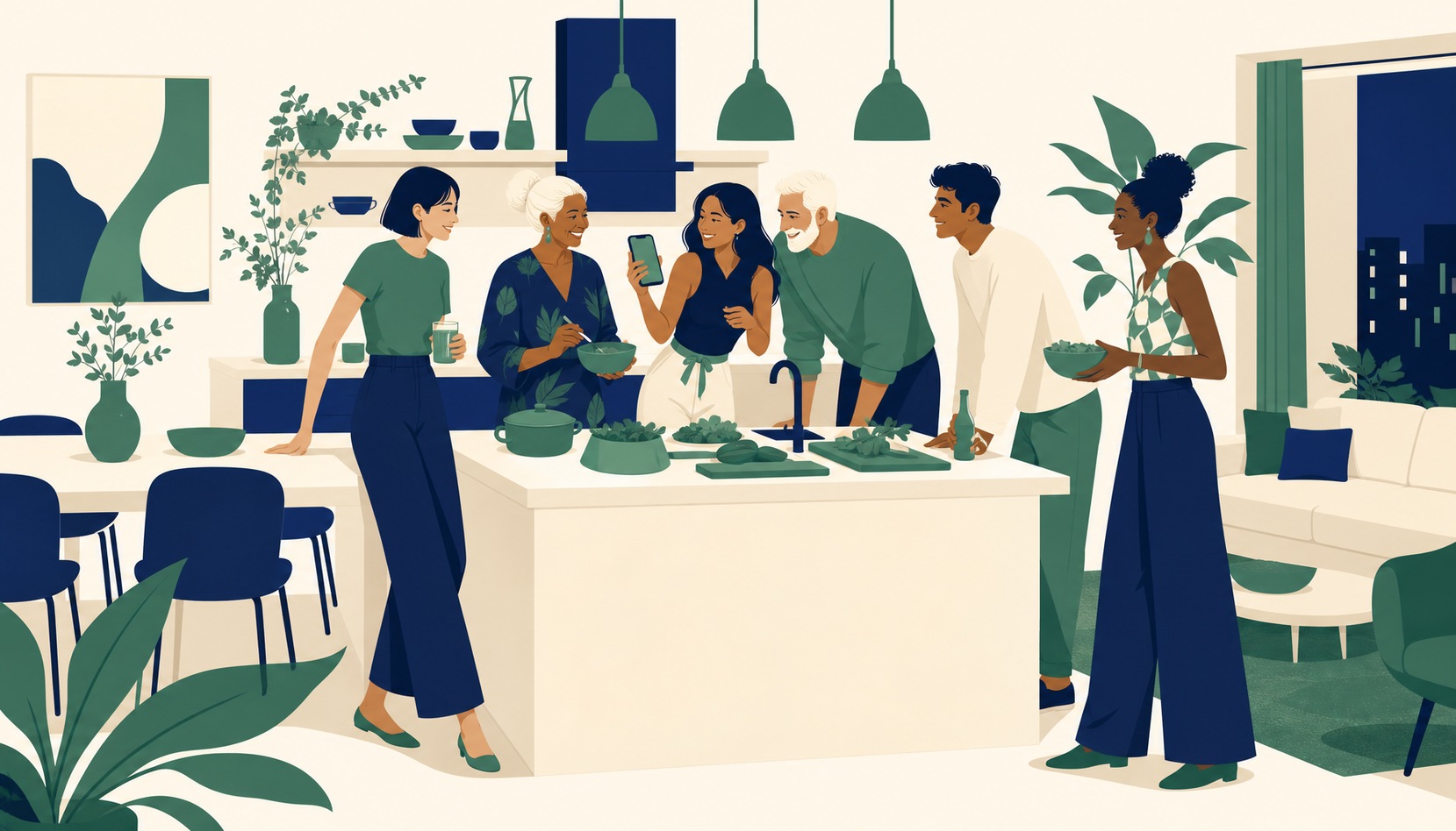 A small multigenerational group of friends gathered around a home kitchen island during dinner prep, one woman showing her phone screen to the others while they lean in laughing