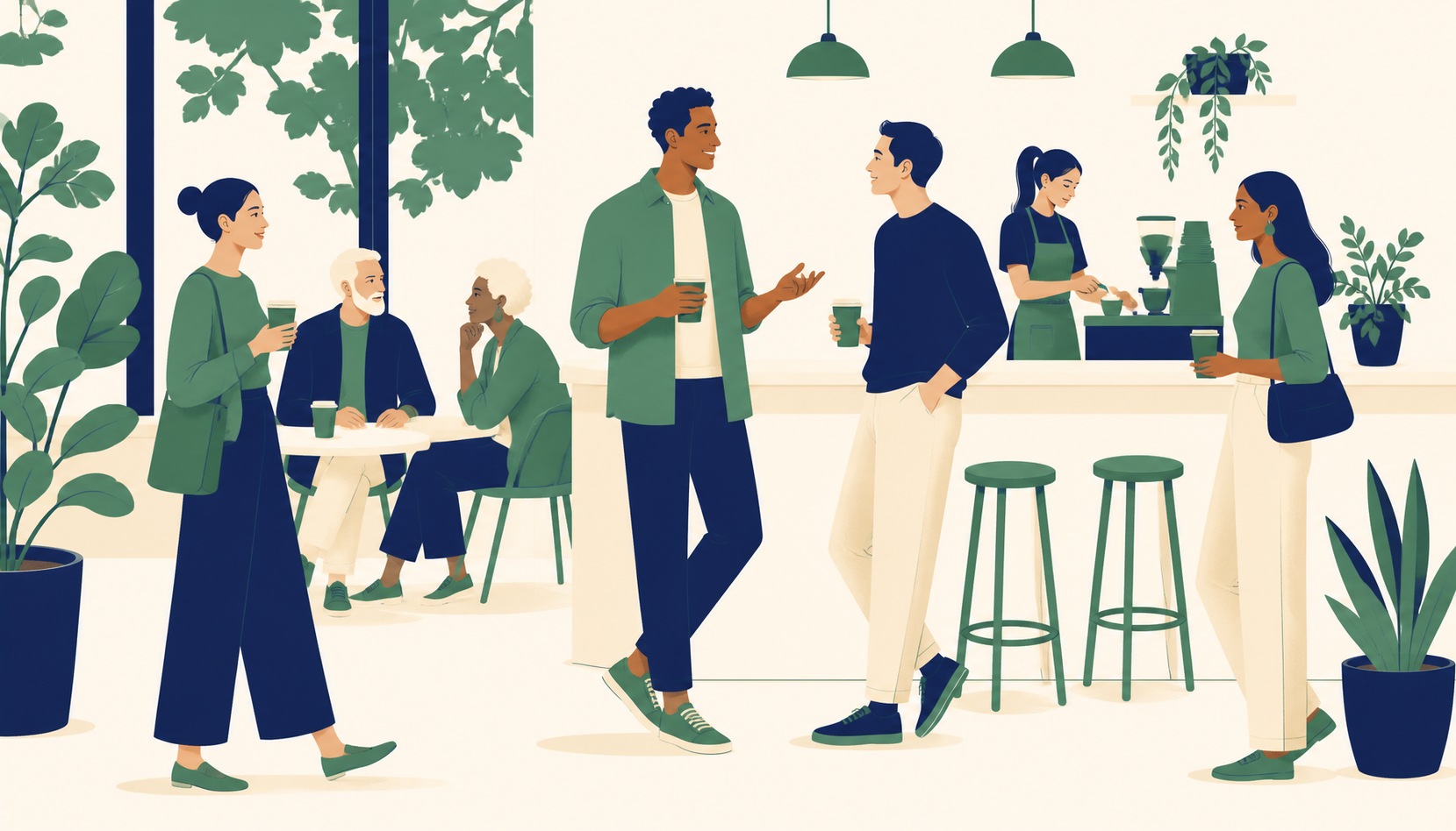 A man mid-conversation with another customer at a coffee shop counter, both smiling, a barista working behind them and other customers seated nearby