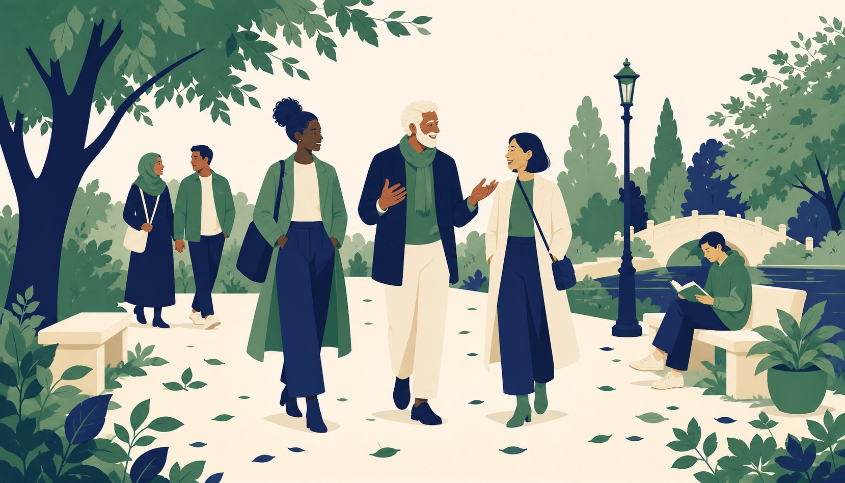 Three friends of different ages walking a leafy park path mid-conversation, one gesturing while the other two lean in and smile