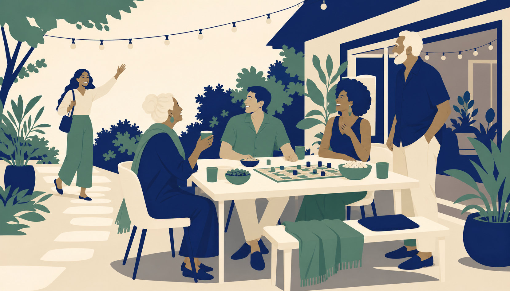 Five friends gathered around a backyard table at dusk under string lights, laughing over a board game