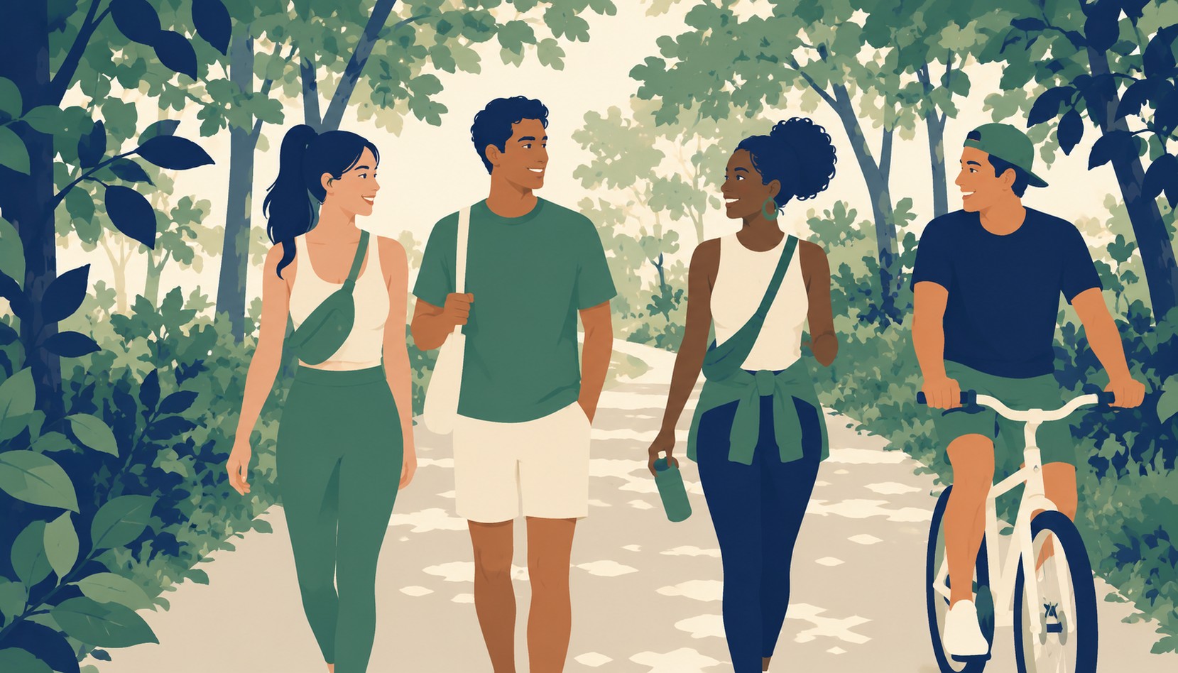 A few friends walking and biking together along a tree-lined trail