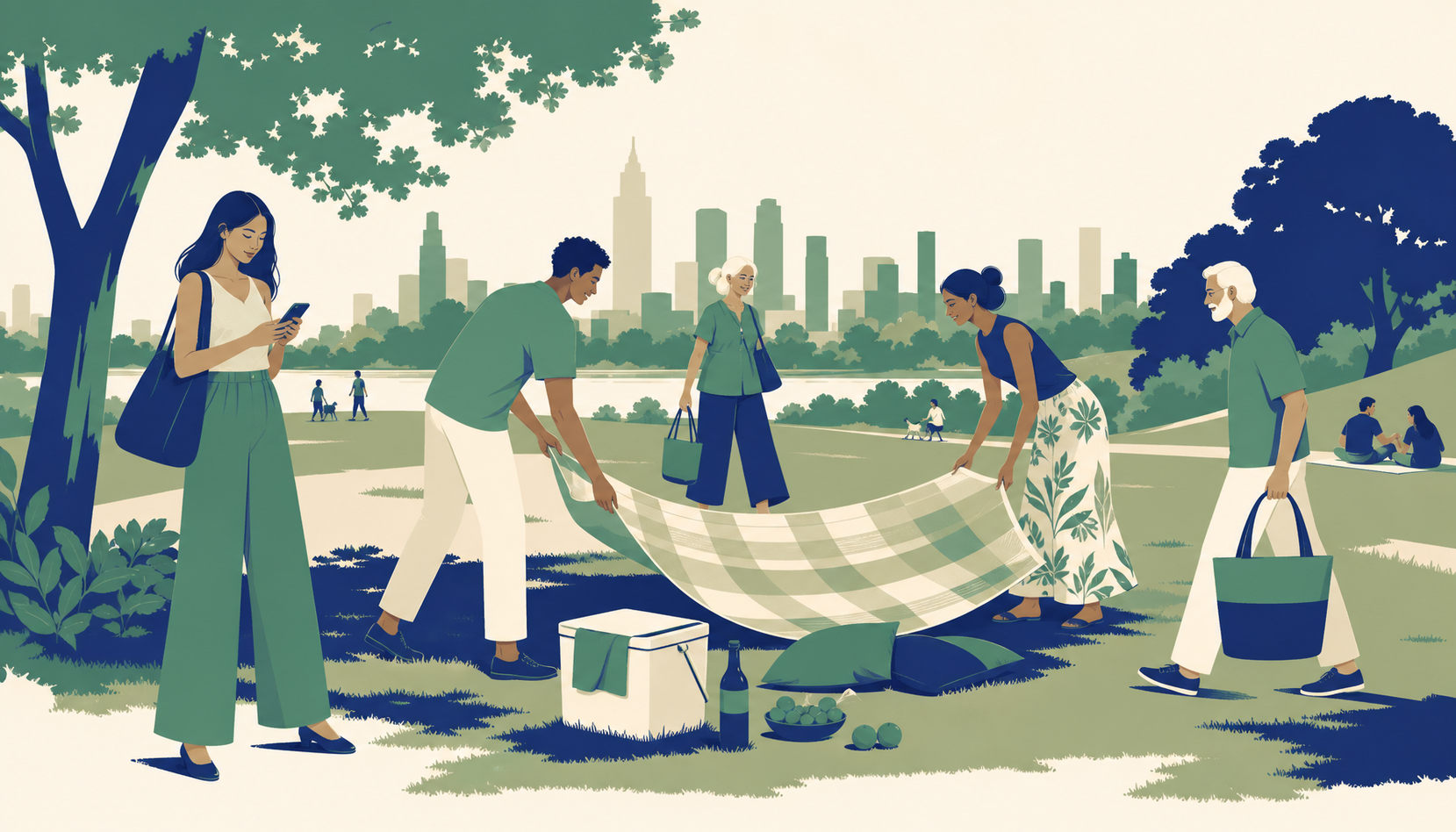Friends who met online spreading a blanket for a park picnic at golden hour
