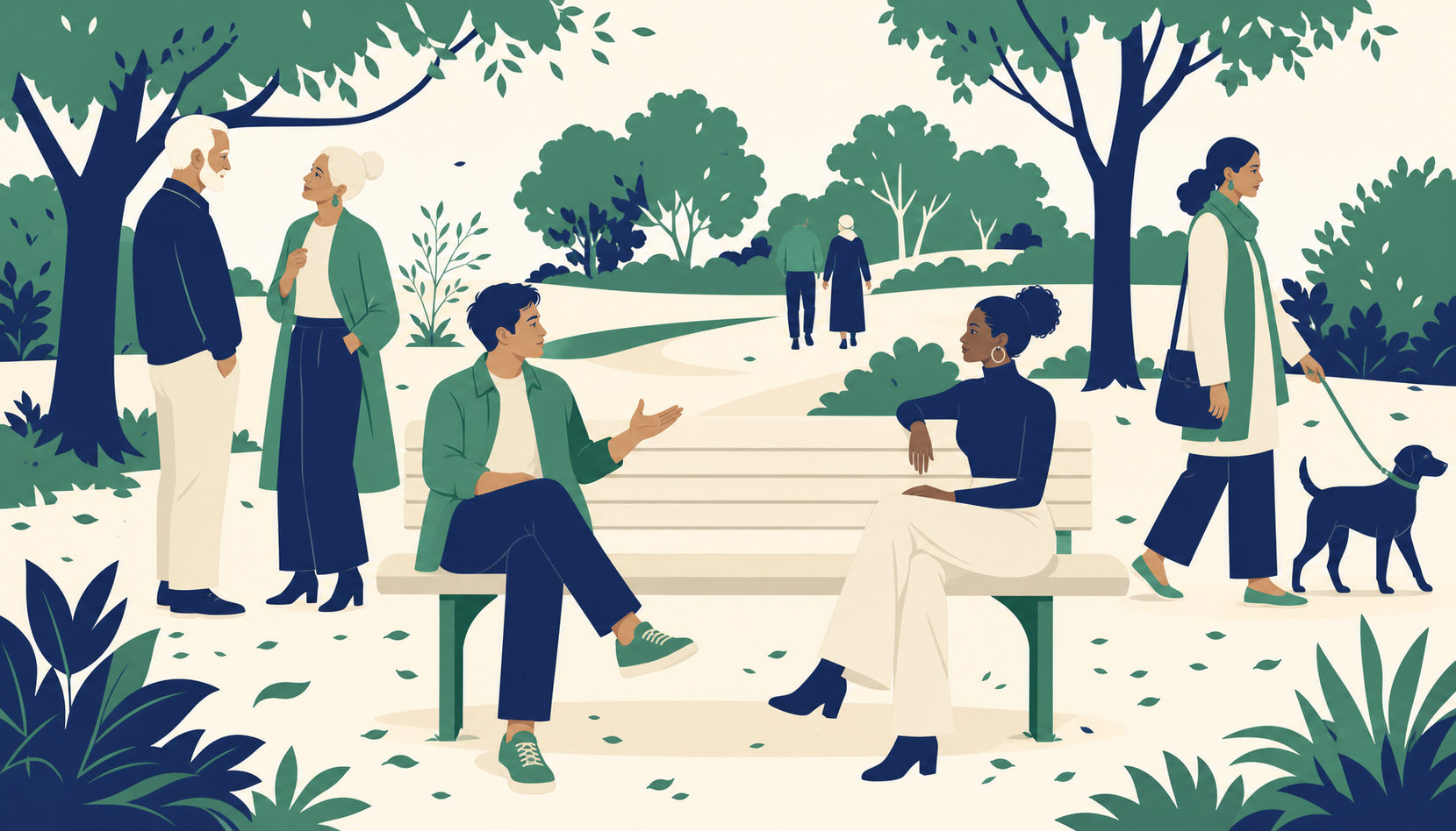 A park in late afternoon: two friends sitting at opposite ends of a bench mid-conversation with an easy space between them, an older couple talking nearby, and a woman walking a dog along the path