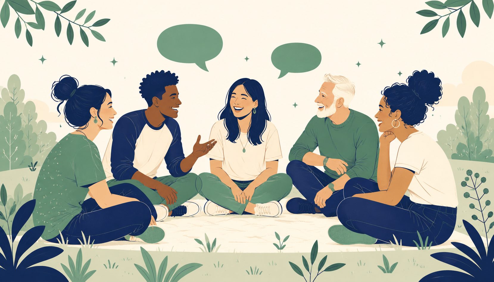 A small group sitting in a circle outdoors, mid-conversation and laughing