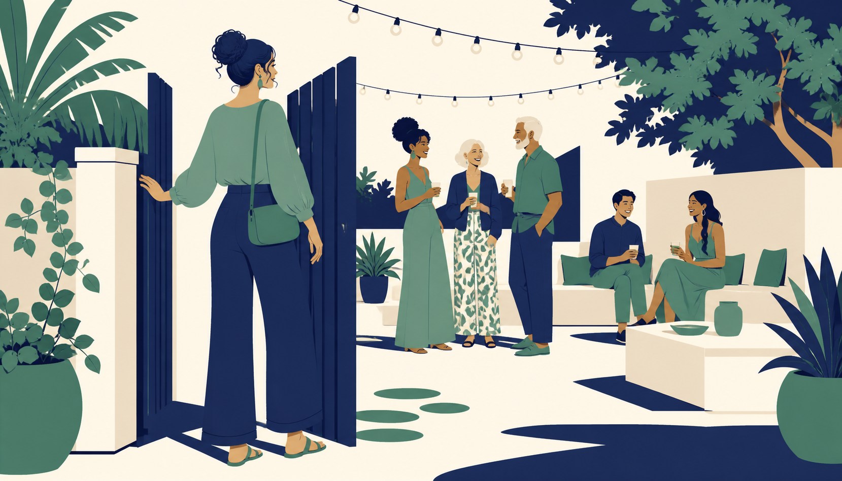 Illustration of someone pausing at a garden gate, gathering the nerve to walk over and join friends talking under string lights
