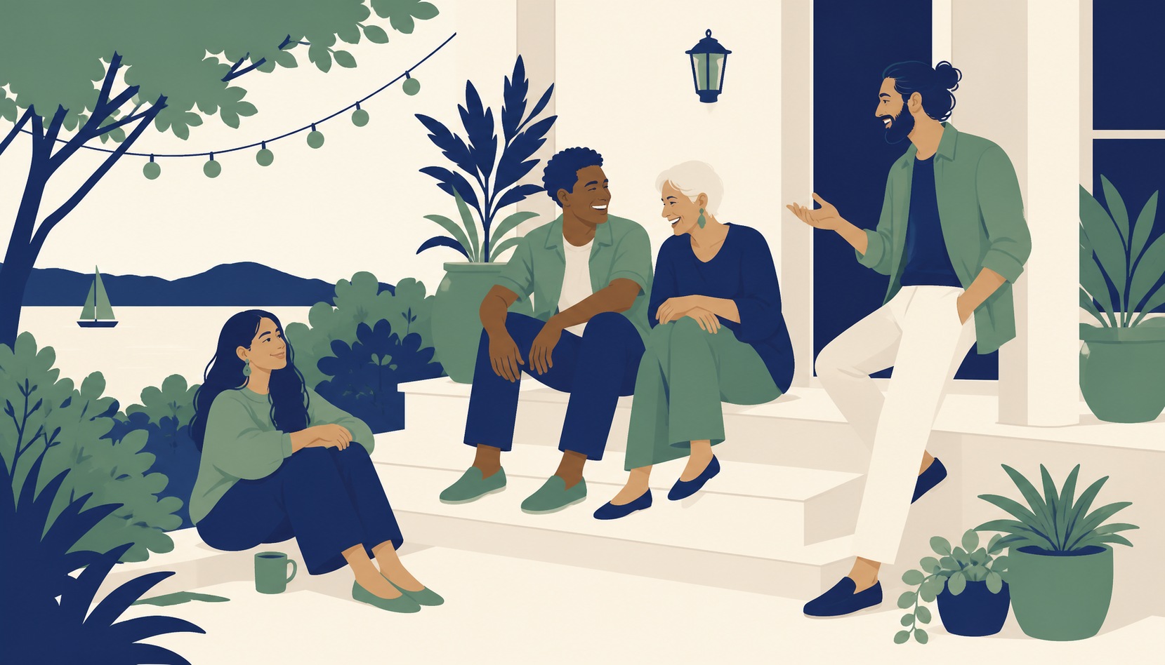 A small mixed group at an evening gathering, one person seated back and listening while two others lean in laughing