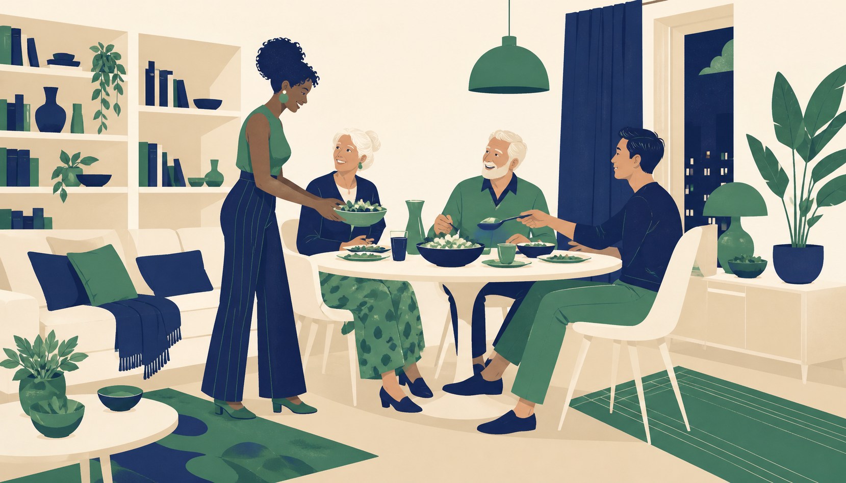 Four adults of different ages sharing a weeknight dinner around a small round table in a cozy apartment living room, one standing to pass a salad bowl
