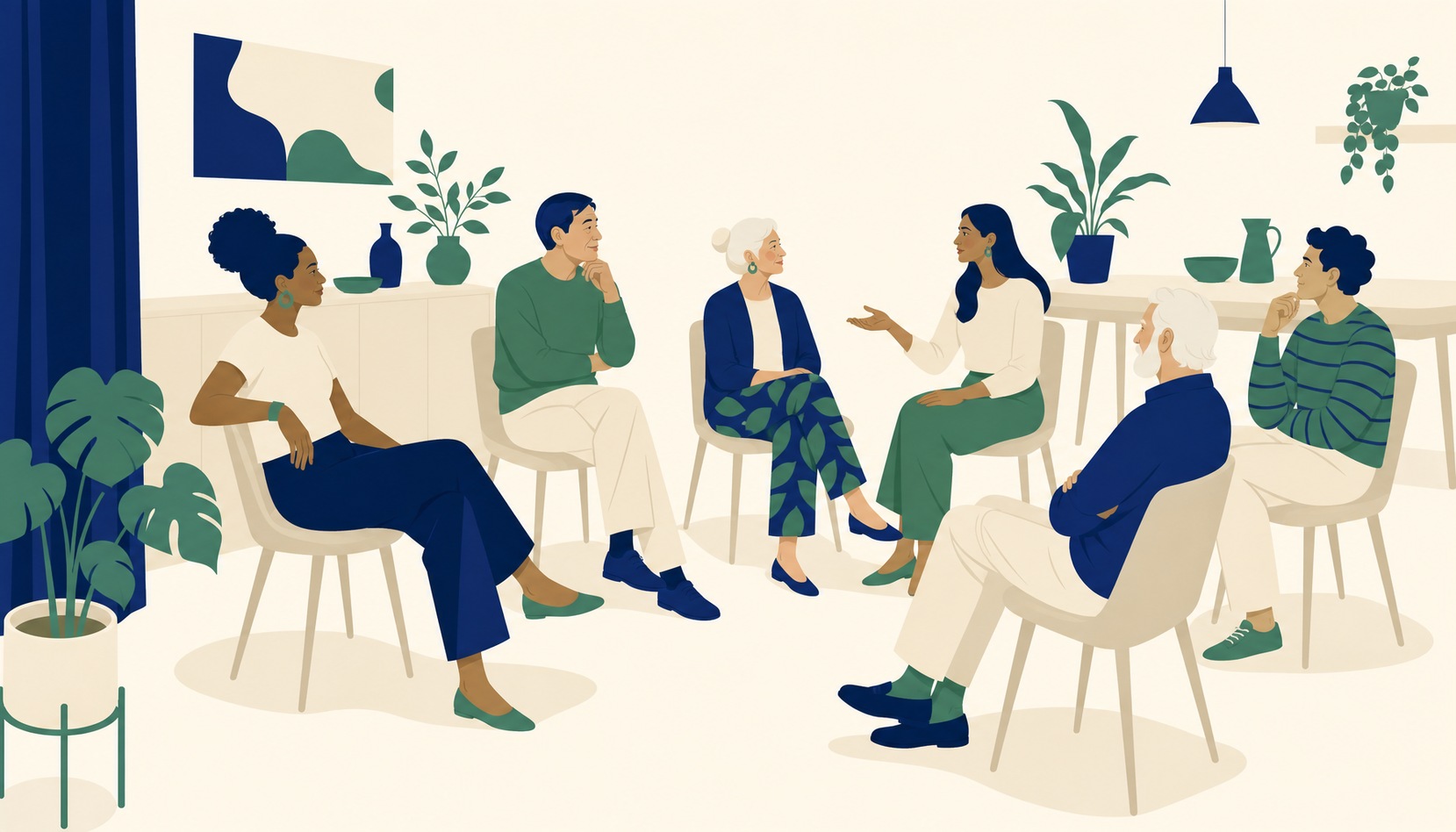 A small circle of six adults of mixed ages sitting in a community room, mid-conversation, chairs arranged in a loose circle rather than rows