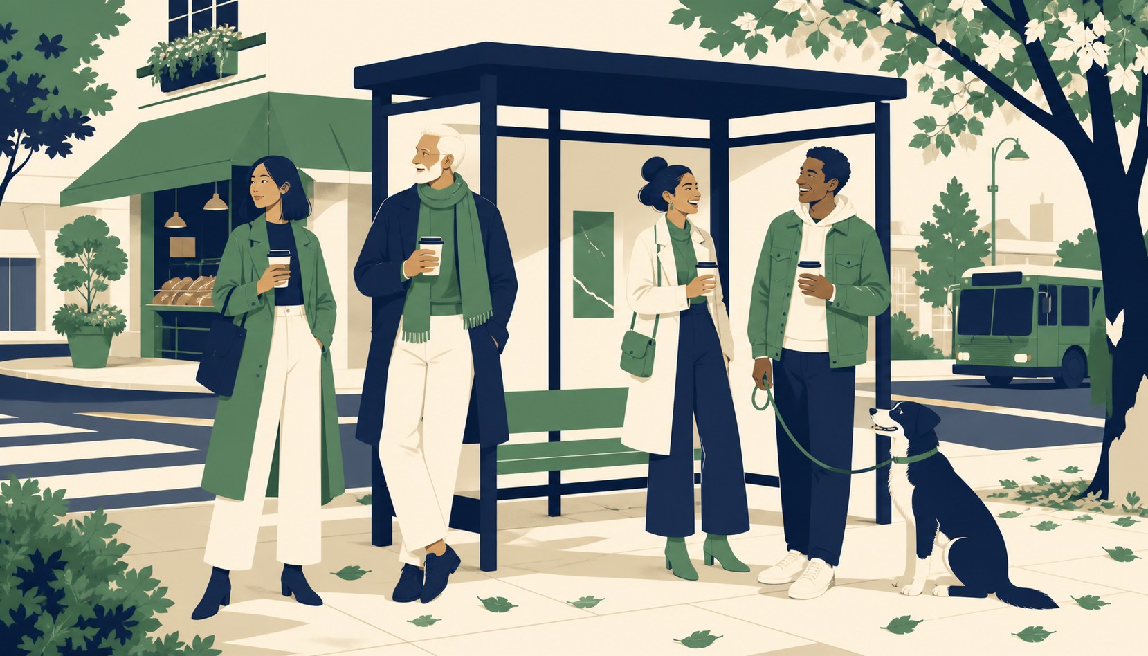 Four neighbors of different ages hold coffee cups under a bus shelter on an autumn morning, two of them laughing, while a dog sits beside one and a corner bakery and a bus wait behind them