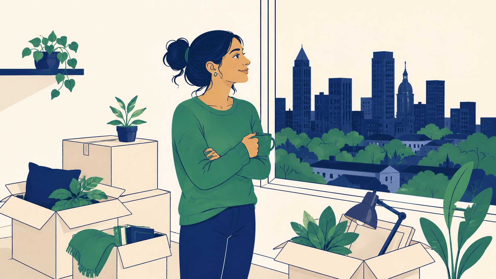 Someone new to a city, boxes half-unpacked, looking out at an unfamiliar skyline