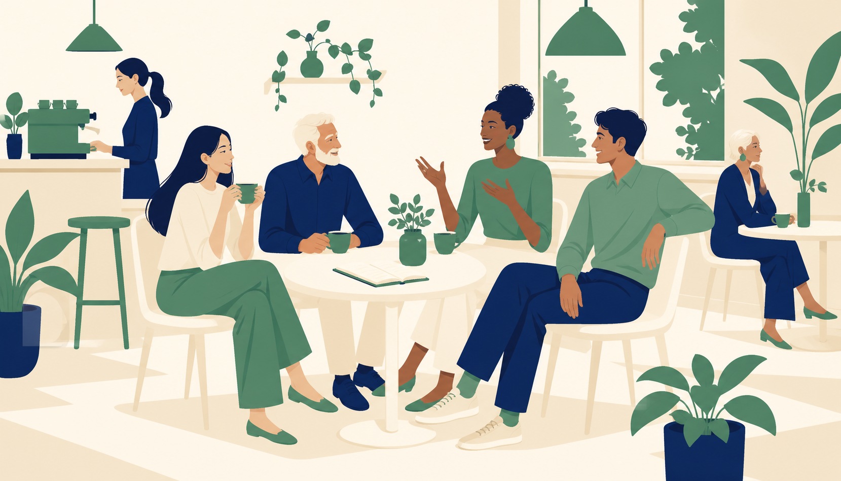 Four friends talking around a table in a bright, cream-walled room in daylight