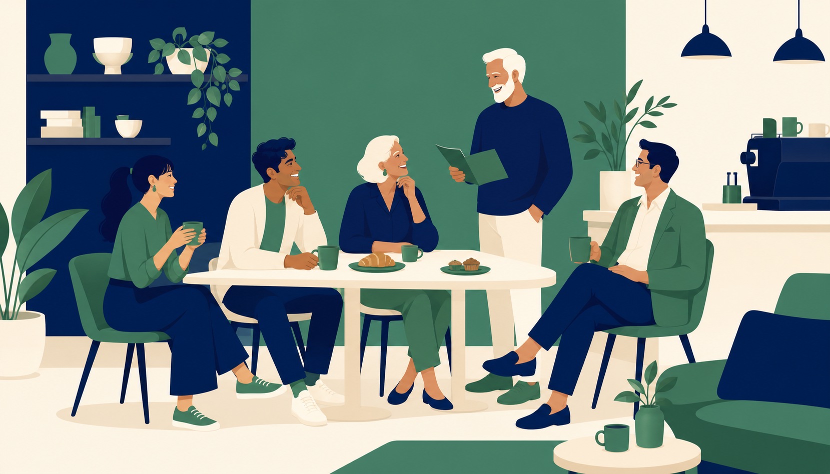 Five people of different ages laughing together around a pushed-together table in a coffee shop, with pastries and mugs in front of them