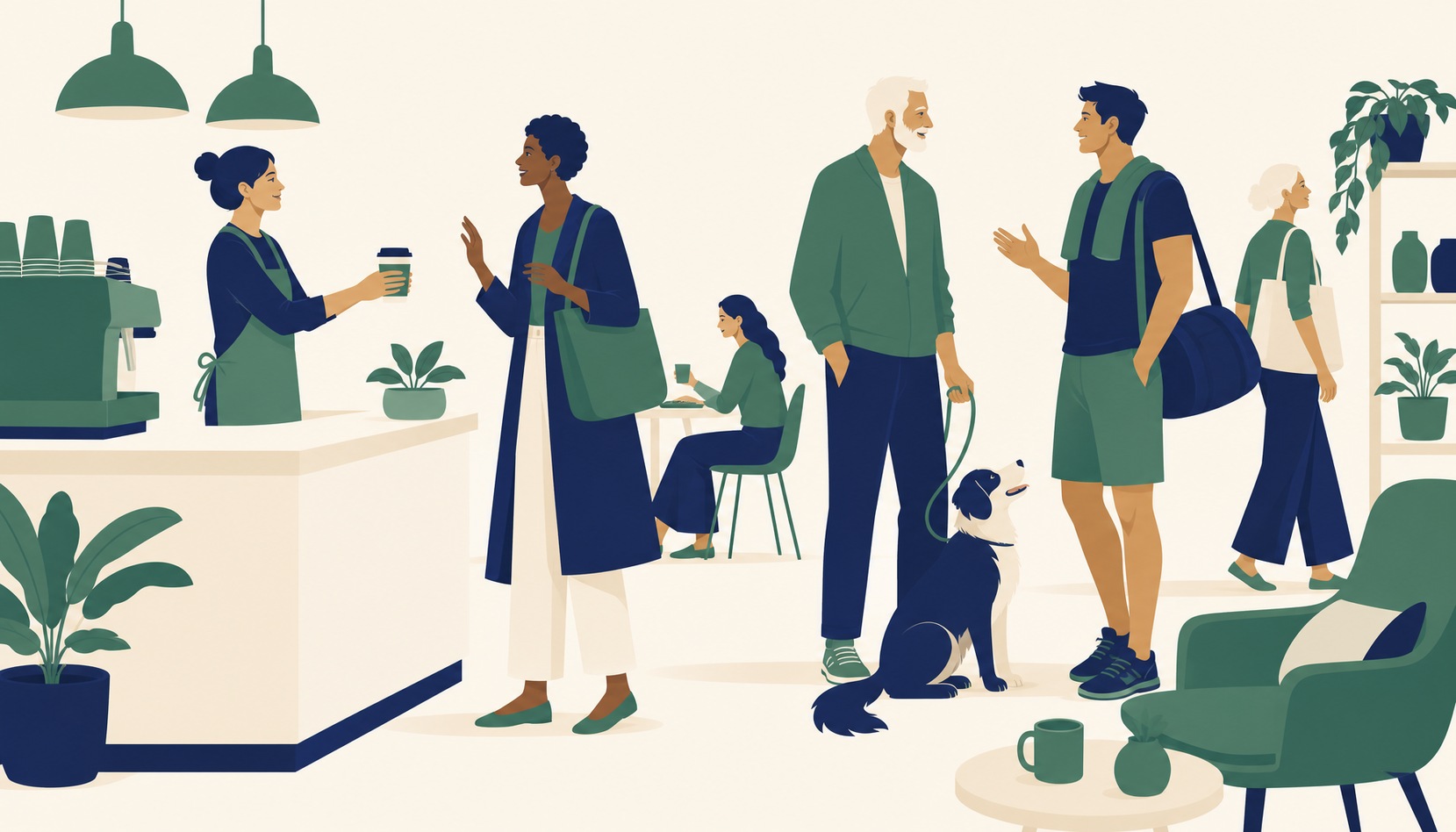 A barista handing a regular customer their coffee with a familiar smile, while nearby a dog owner chats briefly with another gym-bag-carrying regular, everyone friendly but clearly just casual acquaintances rather than a tight friend group