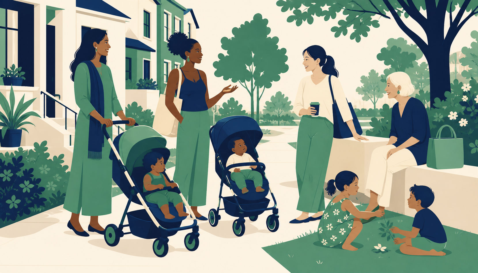 Three mothers with strollers talking and laughing on a sunny neighborhood sidewalk while their toddlers play nearby