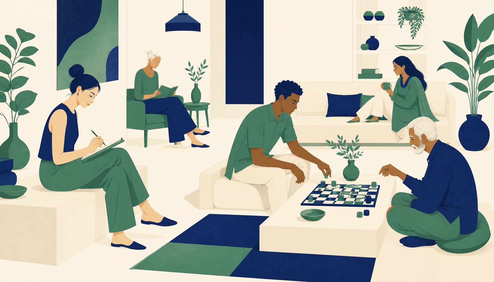 Two friends sitting comfortably in easy silence, one working on a hobby project