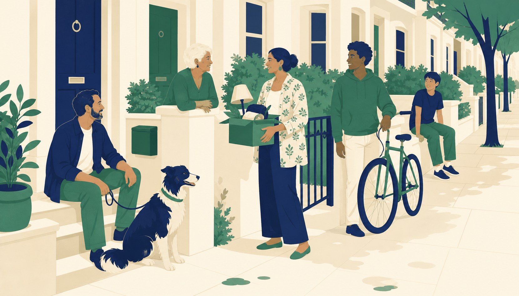 Neighbors talking on a front porch and pavement on a residential street