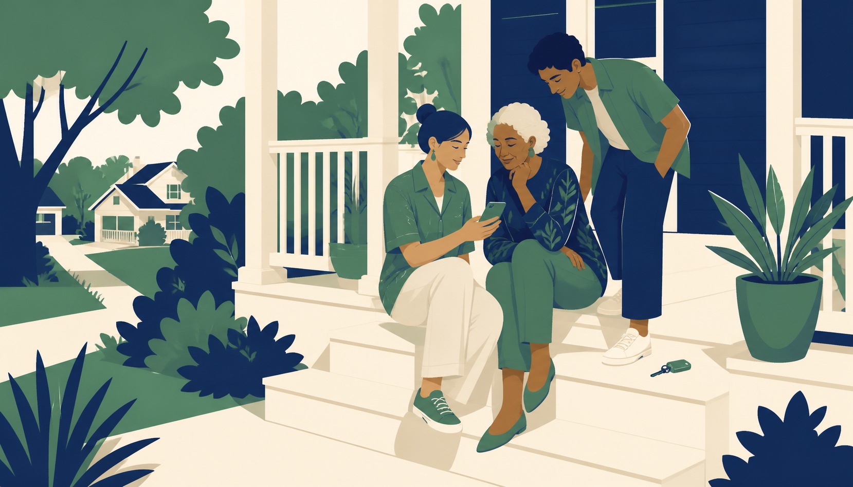 Two friends sitting together on a porch step in late afternoon light, one showing the other something on a phone, while a third friend stands and leans in over them