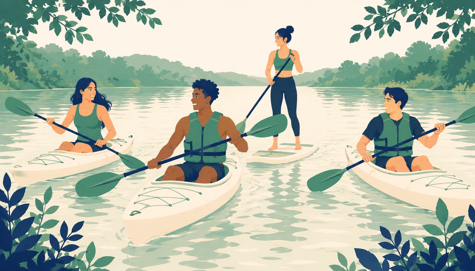 A small group of friends kayaking and paddleboarding together on calm water