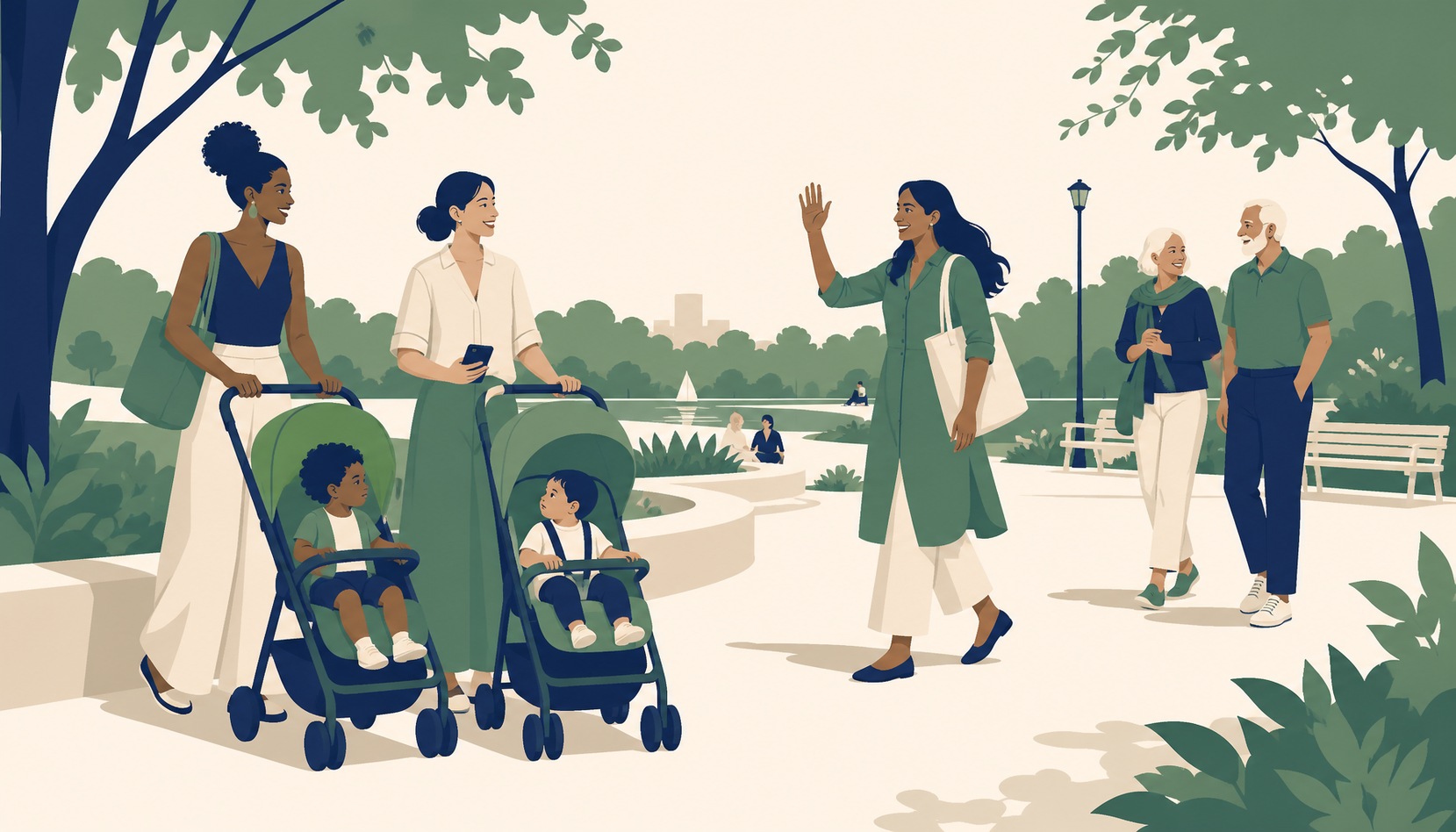 Two women with strollers talking in a park, one holding a phone showing a friendship app