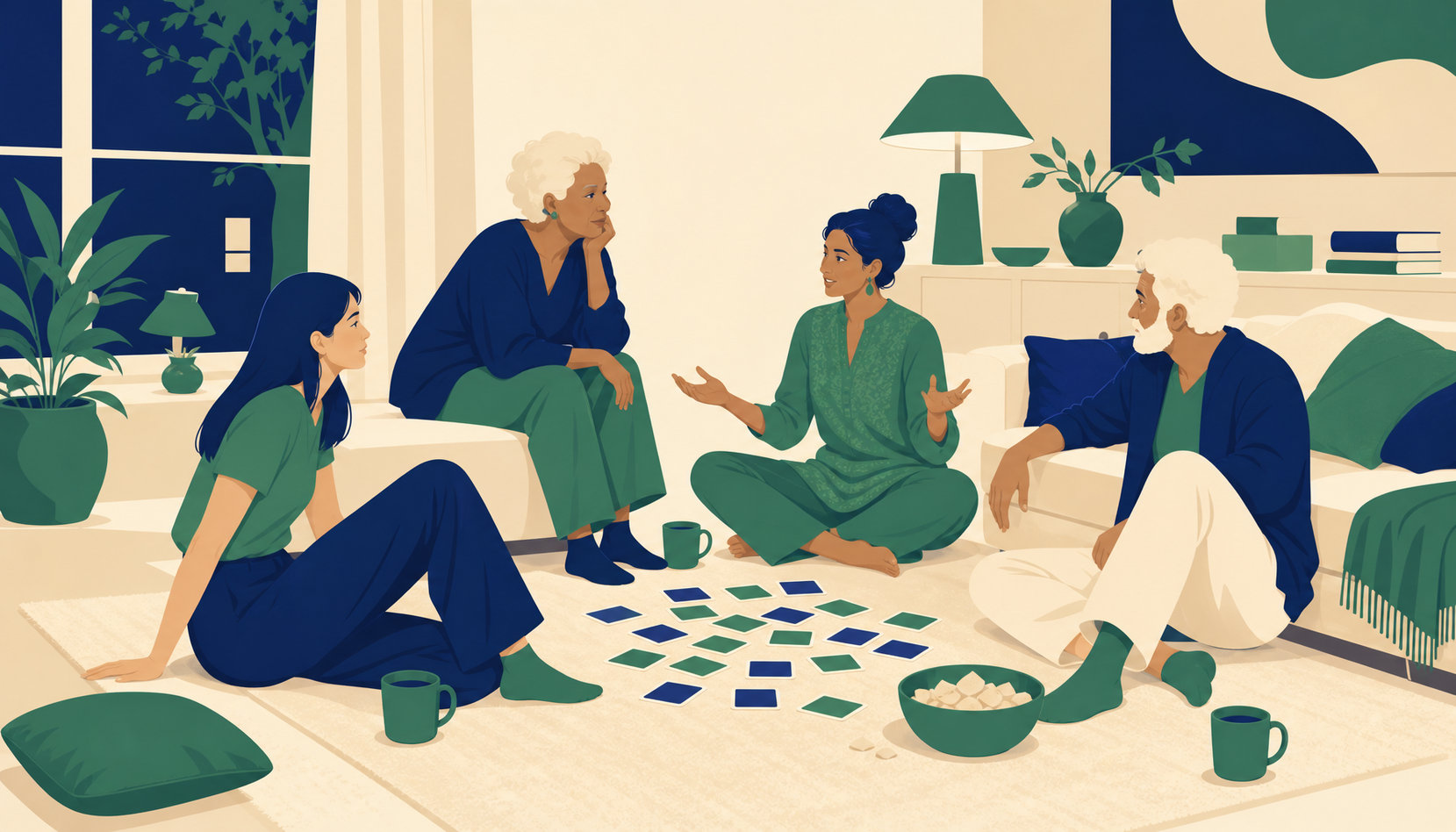 Four friends of different ages sitting in a warm living room in the evening, question cards spread on the rug between them, one mid-sentence